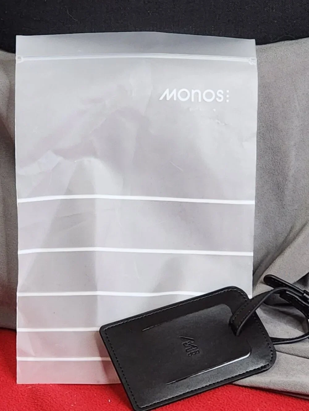 Monos Midnight Black Vegan Leather Watch Band Safety Luggage Tag w/Address Card